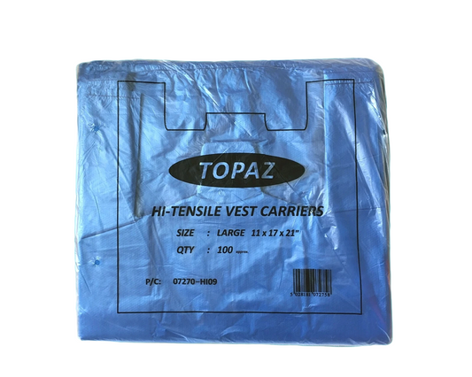 BULK Blue Vest Carrier Bags - LARGE 11x17x21″ - Takeaway / Retail Stock 500 Bags £8