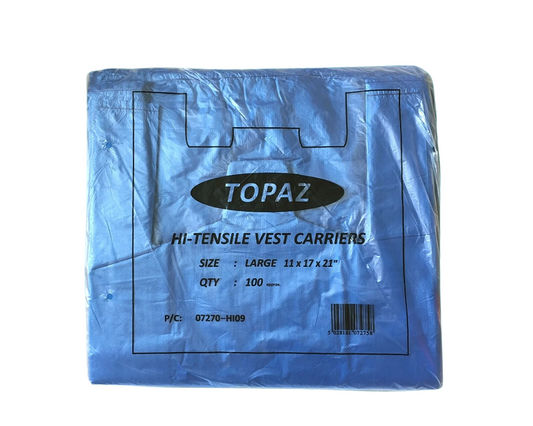 BULK Blue Vest Carrier Bags - LARGE 11x17x21″ - Takeaway / Retail Stock 500 Bags £8