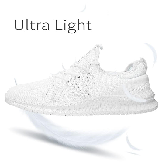 Men's Running Trainers Lightweight Breathable Walking Gym Sport Shoes - White UK 9.5